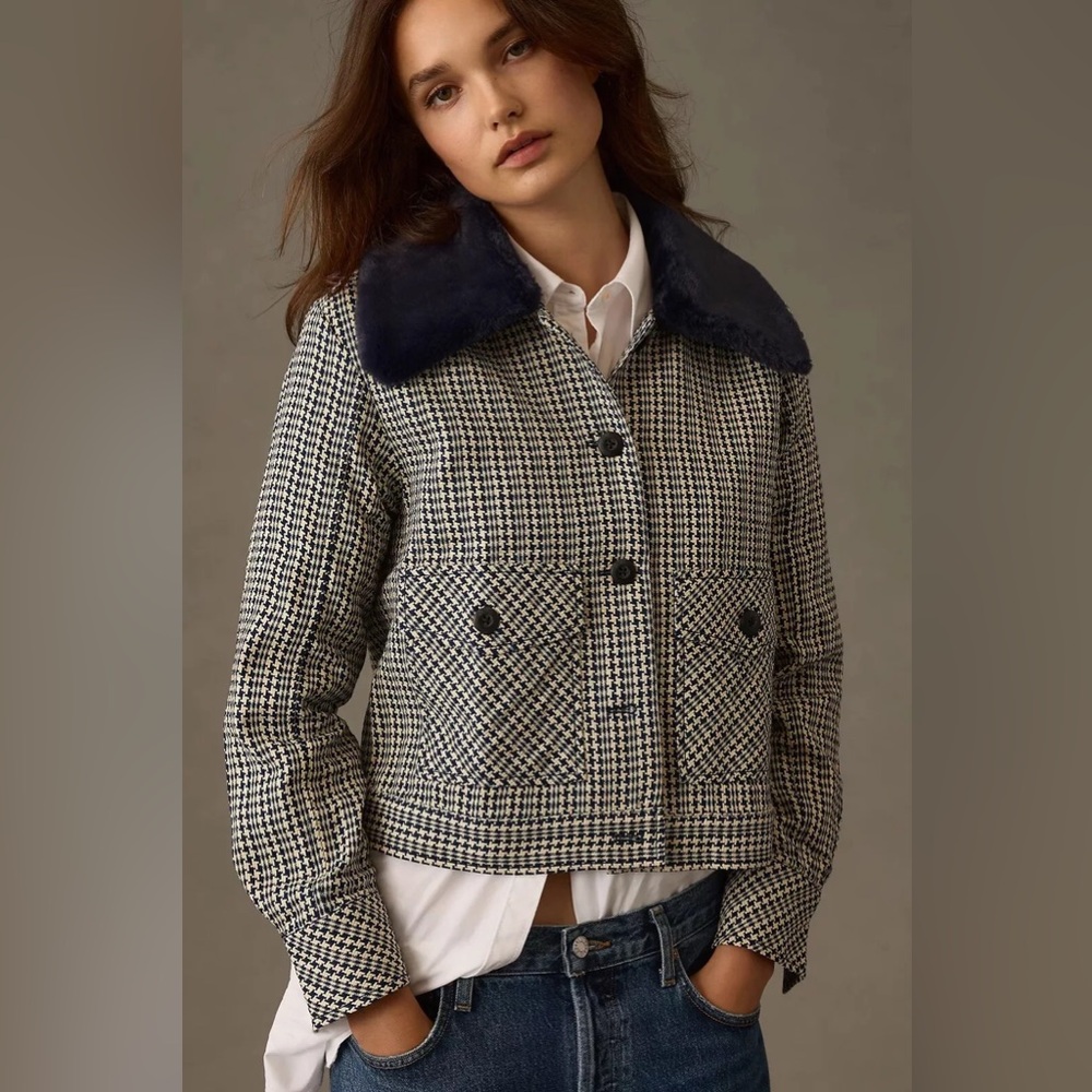 NWOT‎ Anthropologie Maeve Tweed Houndstooth Faux Fur-Collar Jacket size XXS